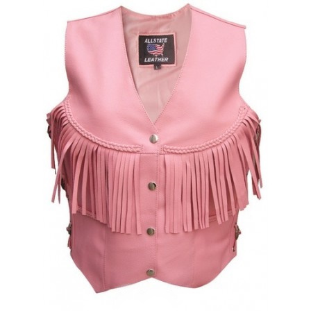 (image for) Ladies pink cowhide leather vest braided yoke with fringe